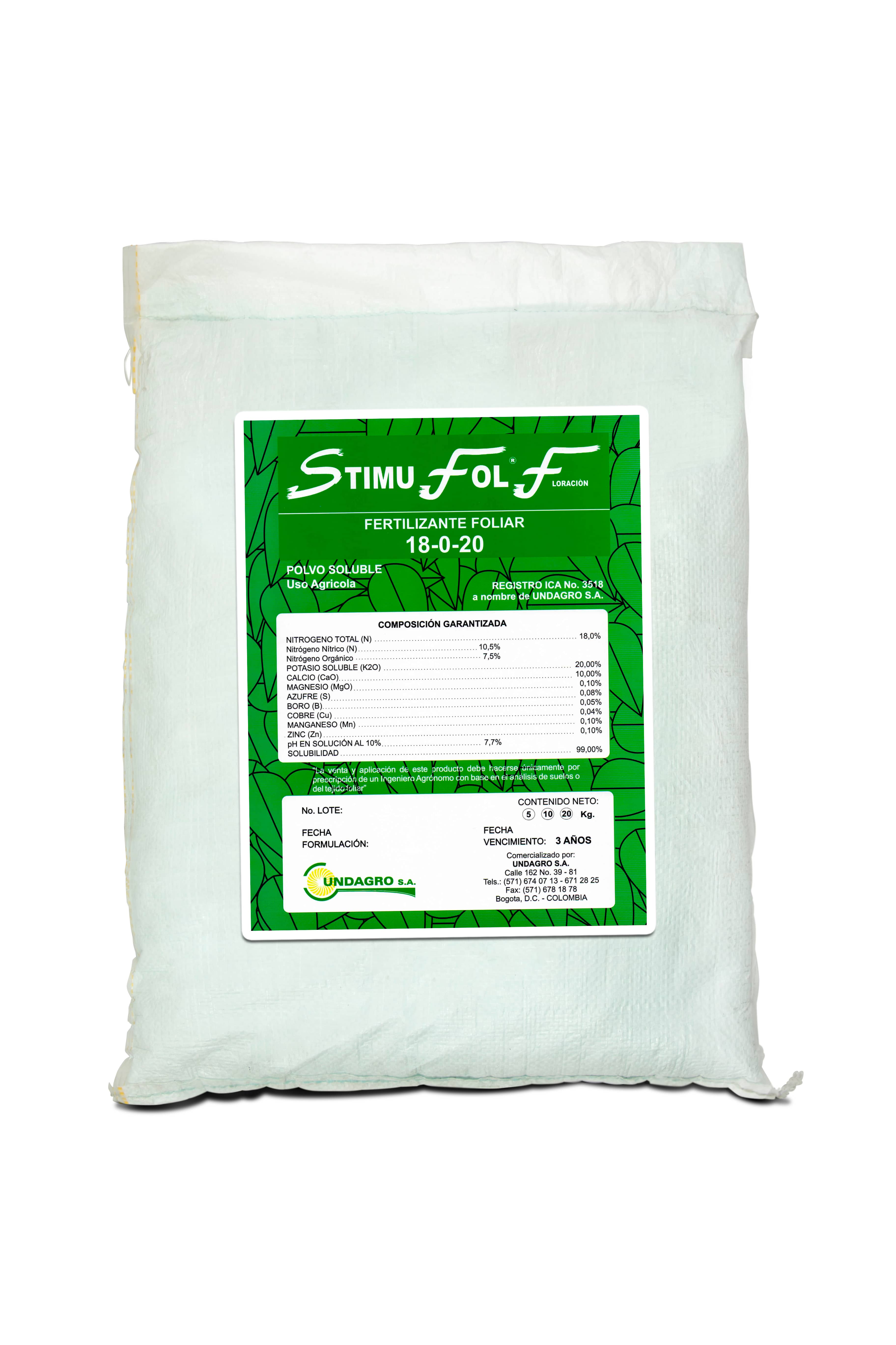 Fertilizante Hidrosoluble Stimufol 18-0-20 x 20 Kg