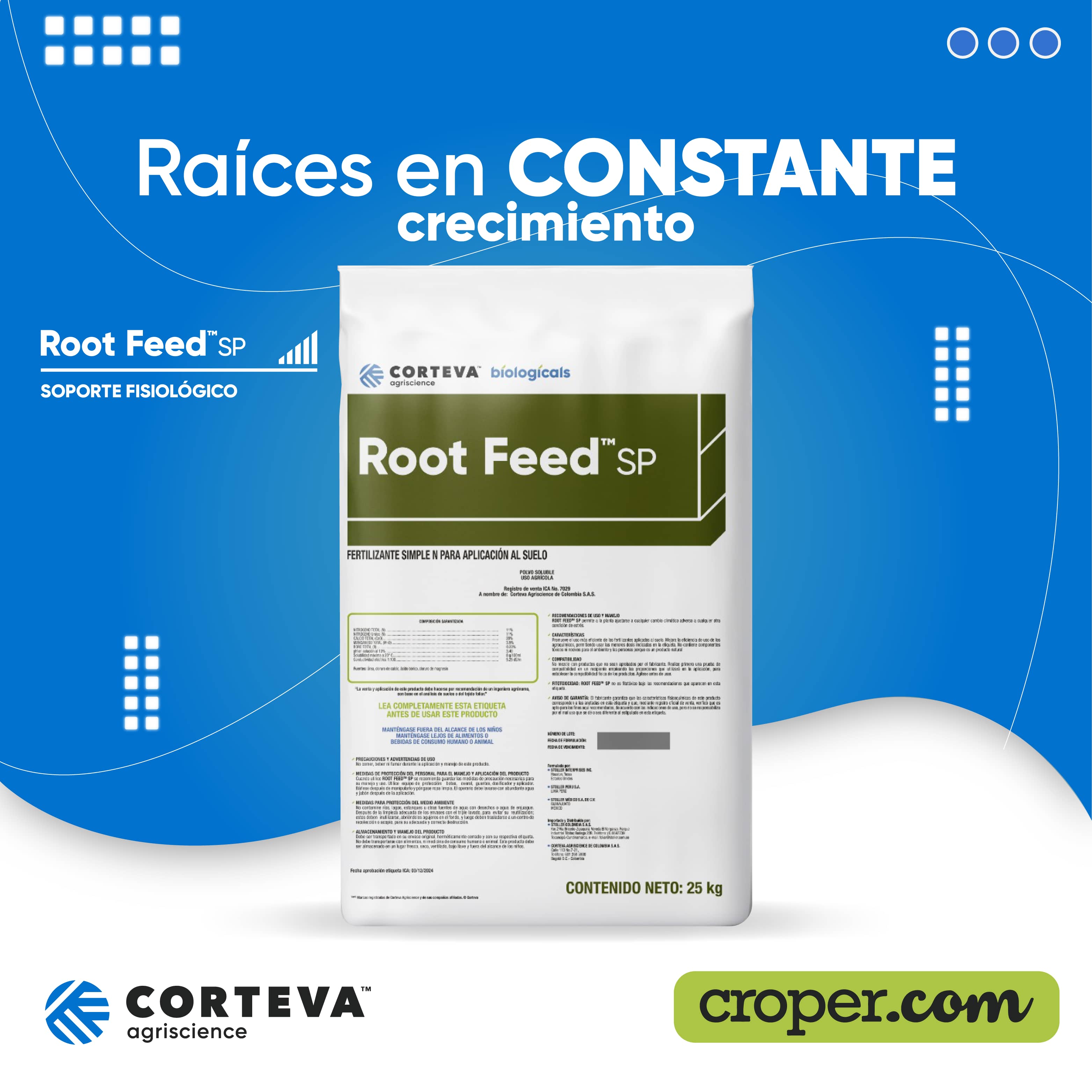 Fertilizante ROOTFEED SP 25 Kg para desarrollo radicular y nutrición equilibrada