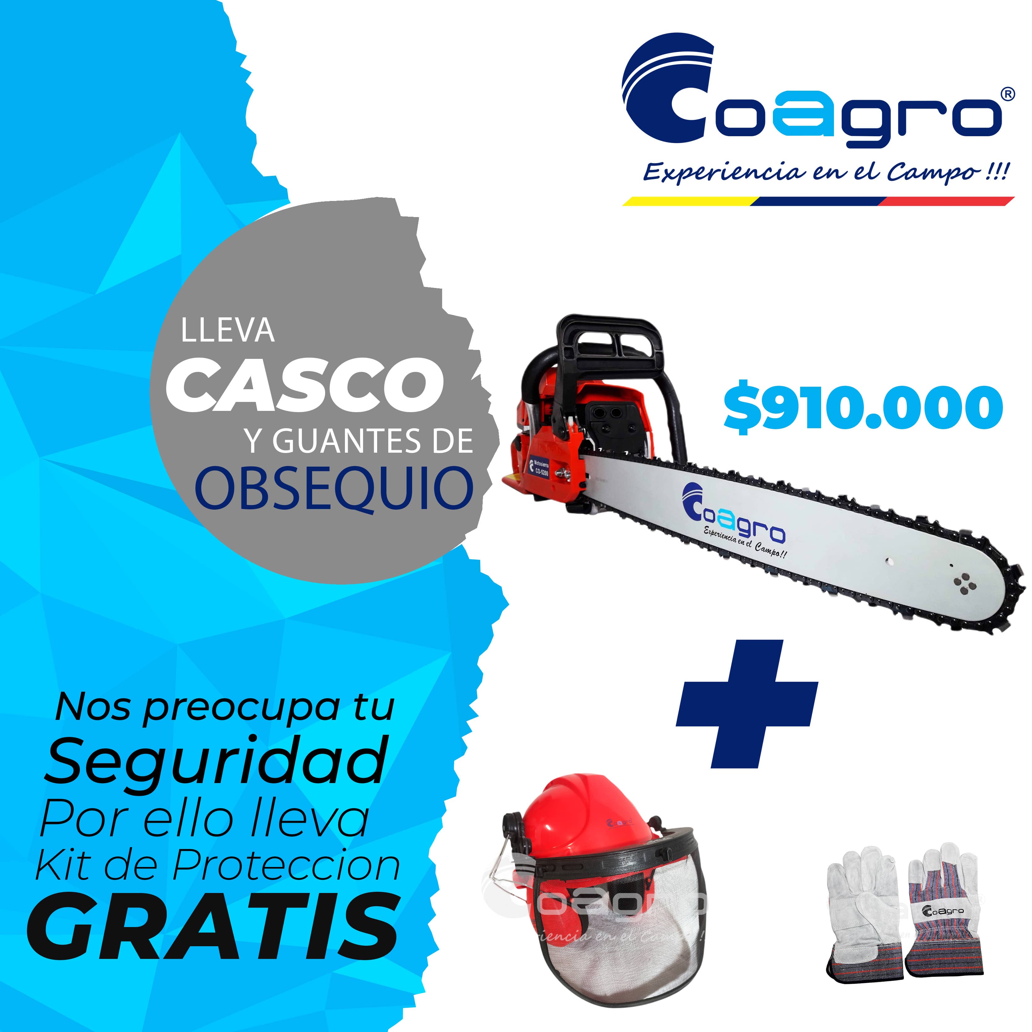 Promo Motosierra COAGRO 5200 + 2 espadas 20" y 22" + 2 cadenas + Casco protector y guantes